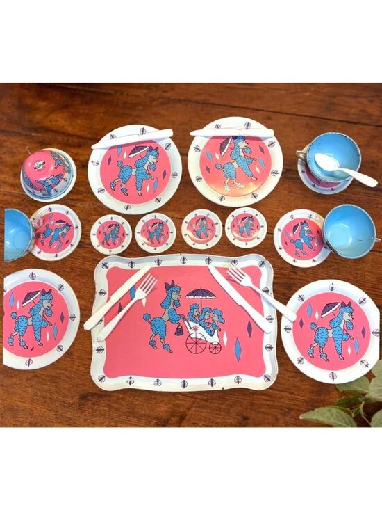 Ohio Art Other - Vintage Ohio Art Childrens Tin Tea Set With Blue Poodle Design and Pink Backgrou
